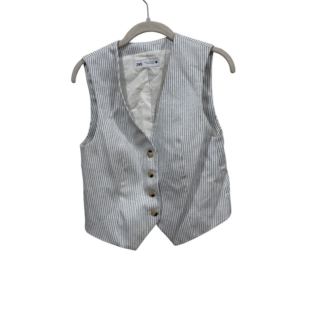 Zara Womens Pinstripe Tailored Vest Blue White Button Front XS 8260/483/044
